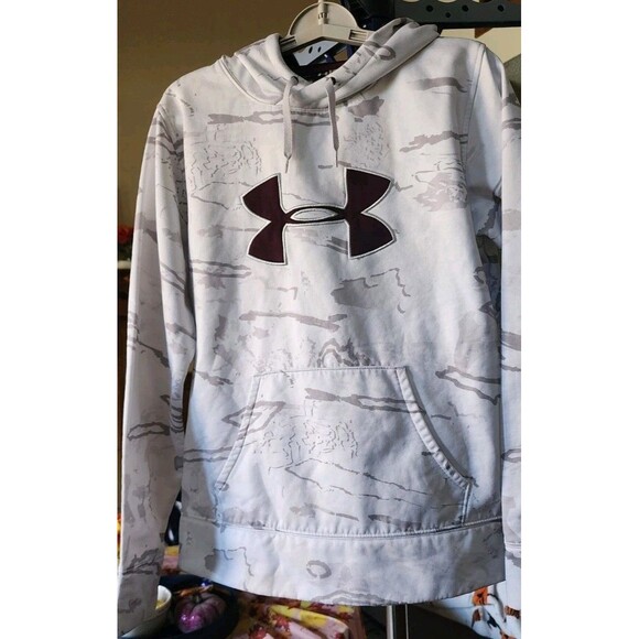 Under Armour Hoodie Mens Large White Gray Camo ColdGear Loose Fit Pullover D25 - Picture 2 of 7